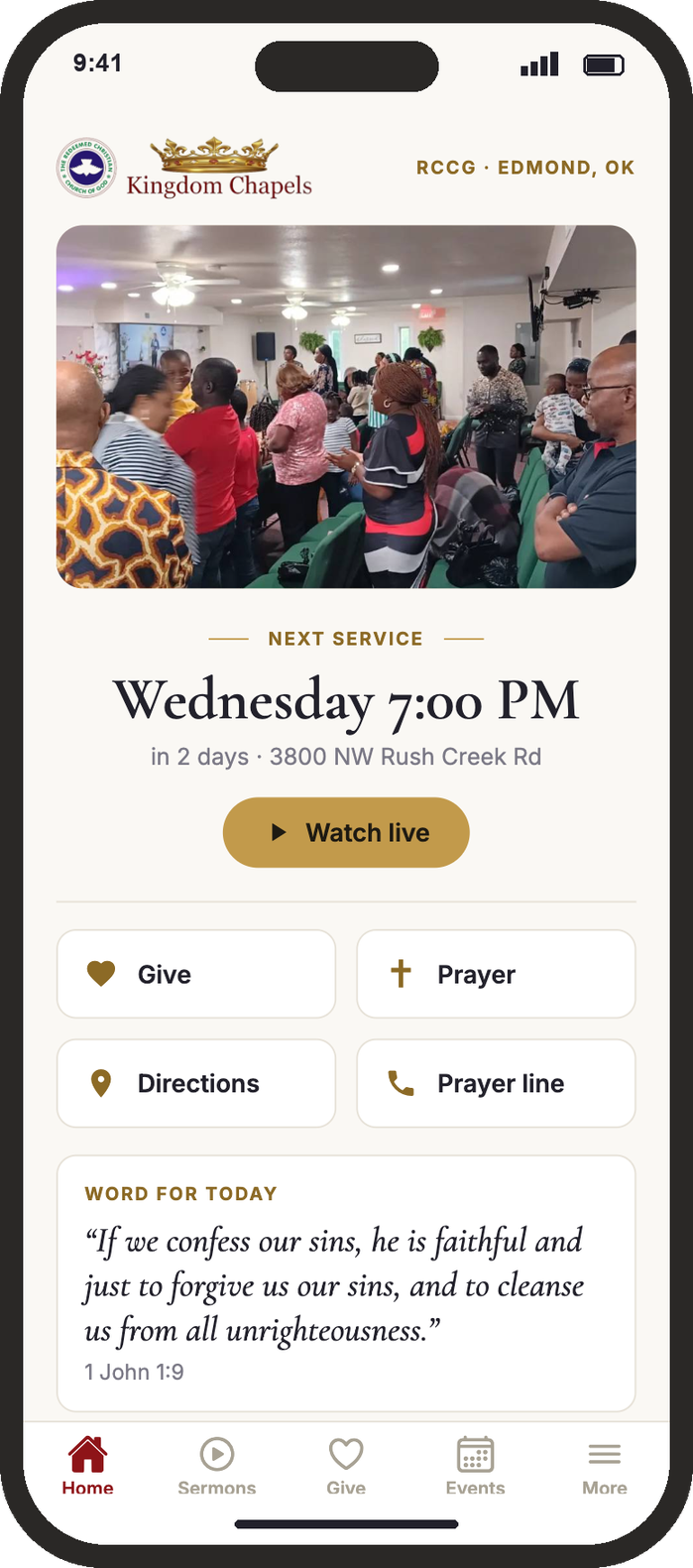 The Kingdom Chapels app home screen on a phone