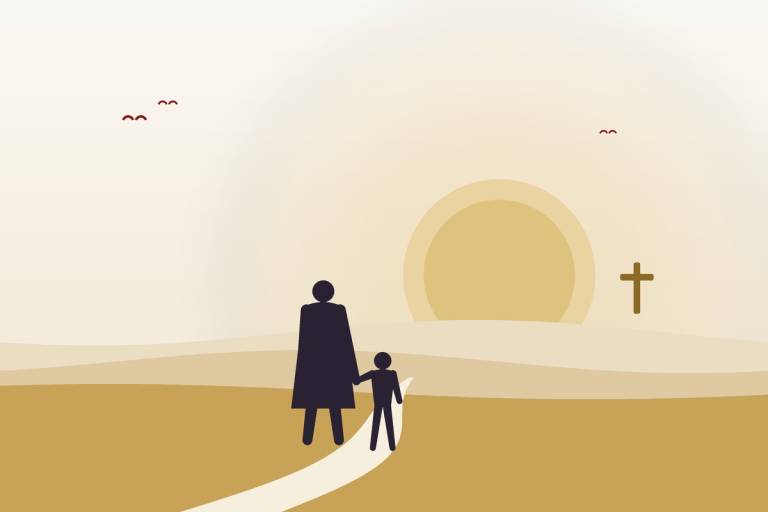 Illustration of a parent and child walking hand in hand along a path toward a golden sunrise and a cross